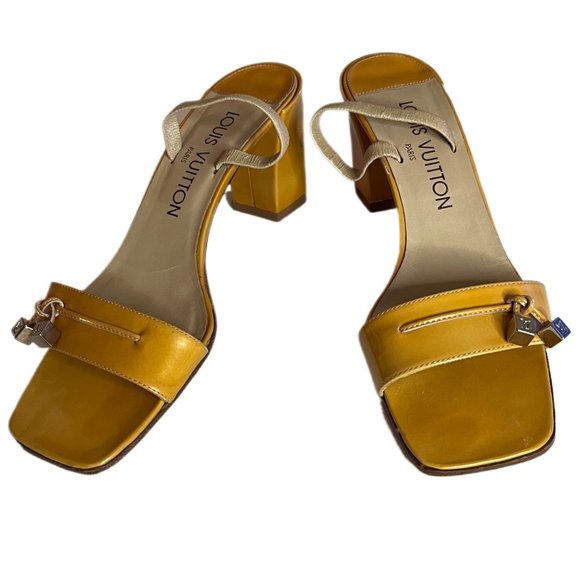 Louis Vuitton Gold Block Heel Sandals Metal LV Logo Charms Size 36.65 (US 6) - Picture 1 of 16
